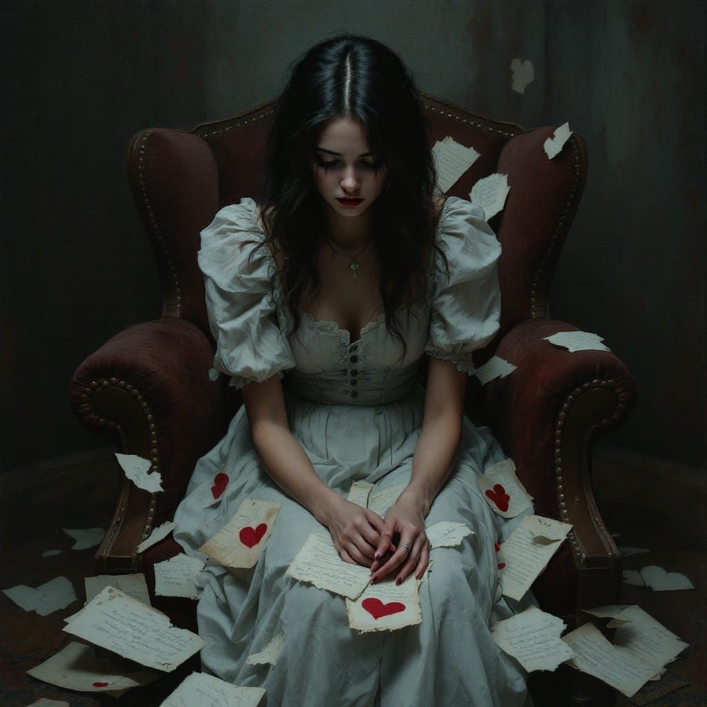 Melancholic Woman Surrounded by Letters in Digital Painting