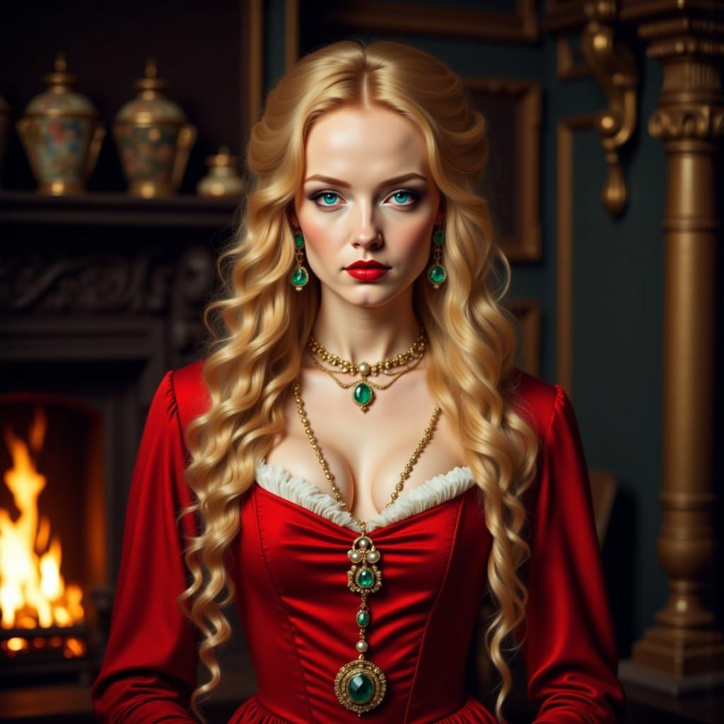 Milady de Winter in 1625 Gown with Emeralds