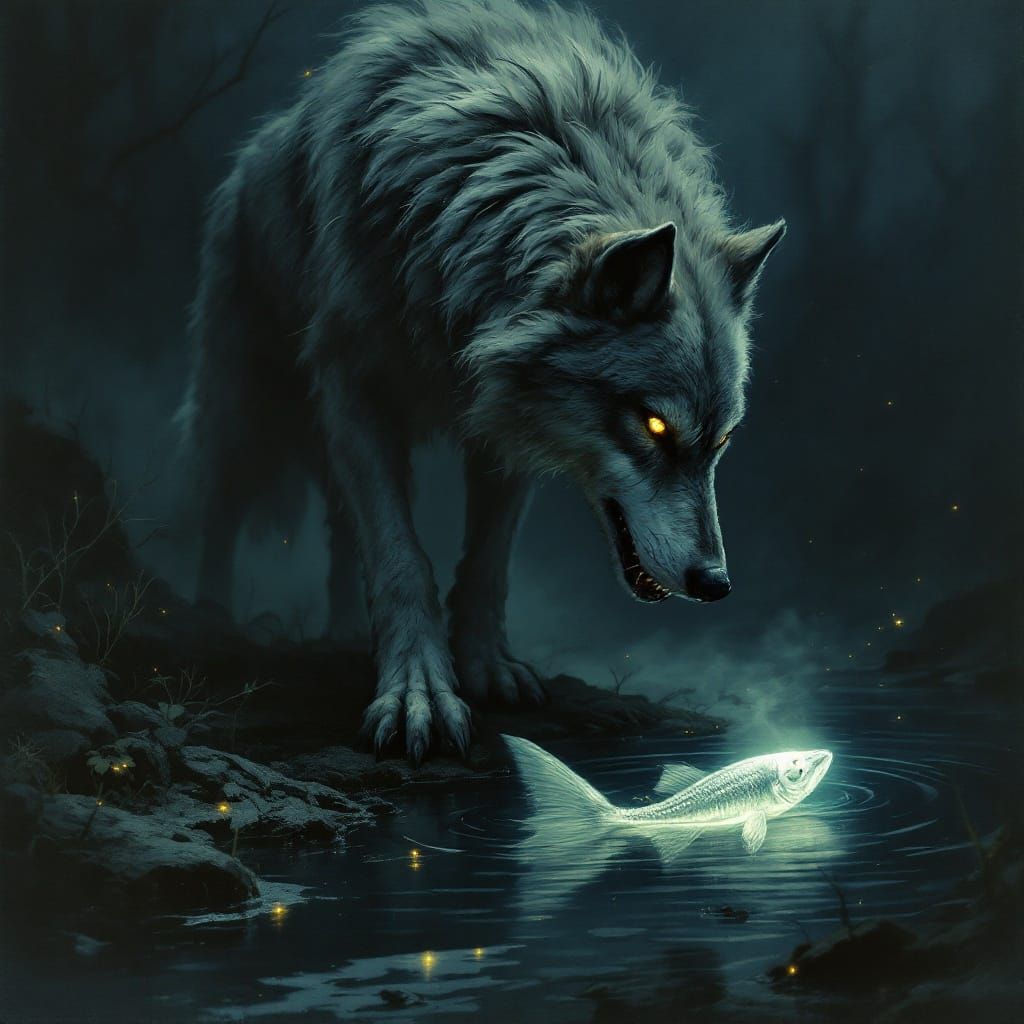 Wolf Stares Down Anglerfish in Haunting Oil Painting