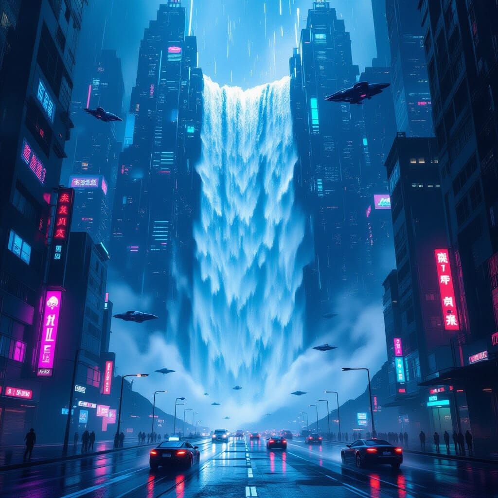 Cyberpunk Waterfall Dazzles in Neon Metropolis