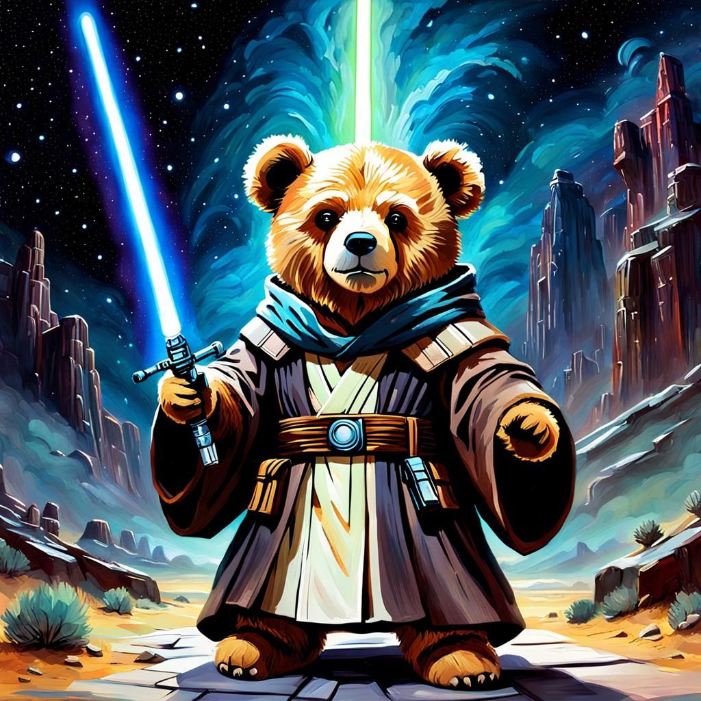 Teddy Bear Jedi Knight in Gouache Style