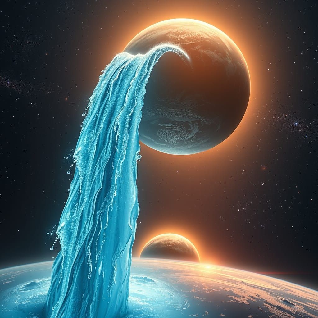 Majestic Waterfall Between Planets in Deep Space