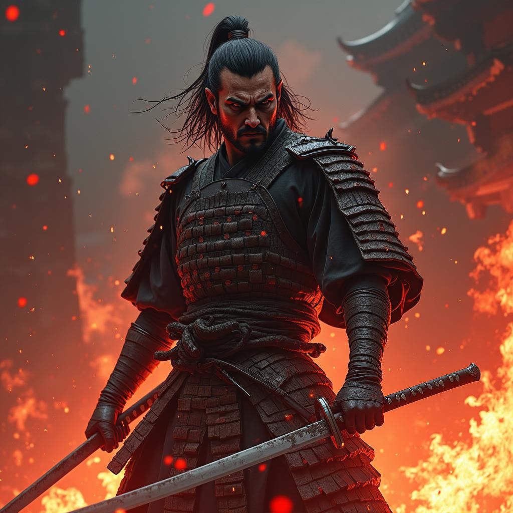 Burning Samurai Warrior with Katana in Hellscape