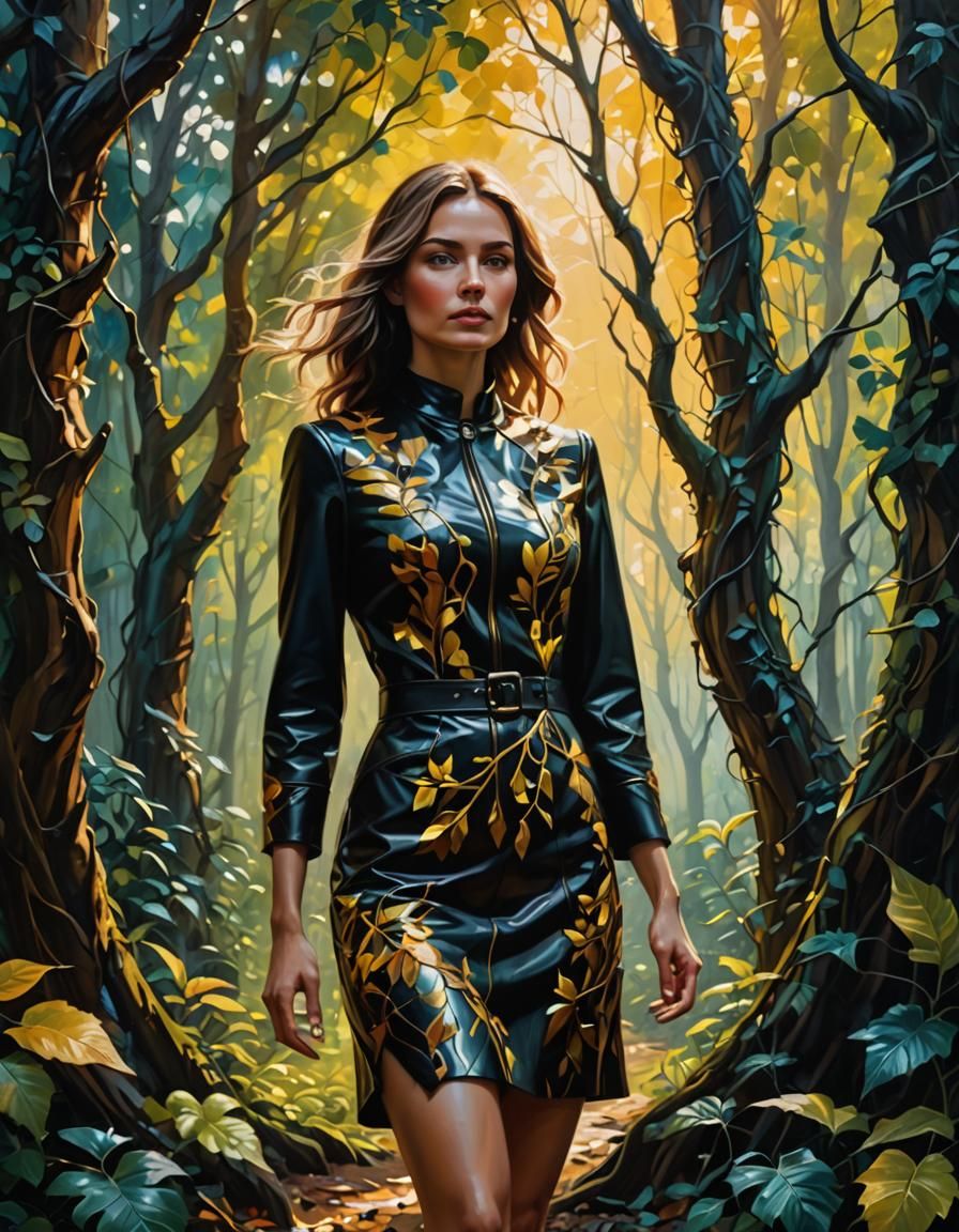 Woman in Leather Dress, Vibrant Oil Painting