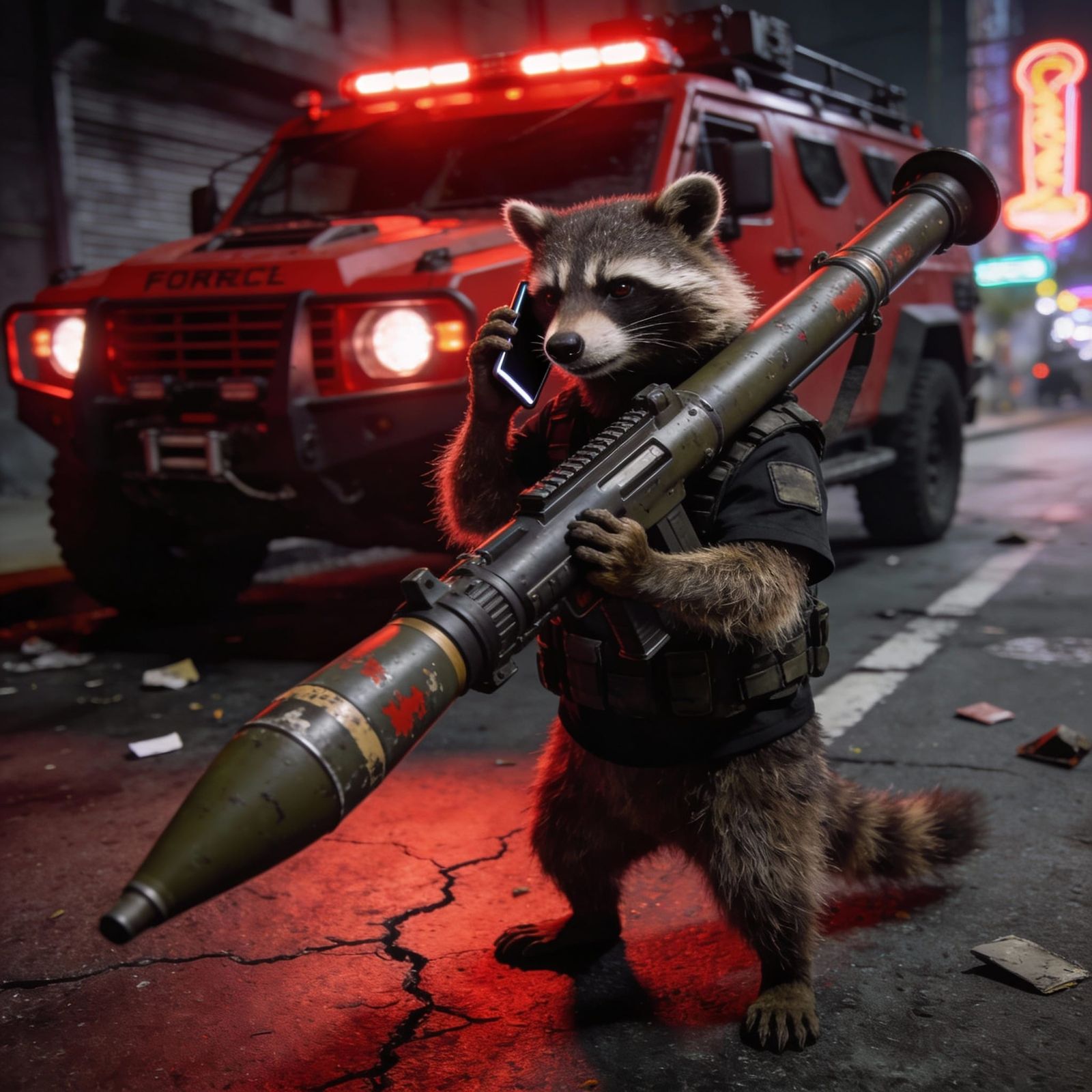 Racoon with Rocket Launcher and Special Forces Car