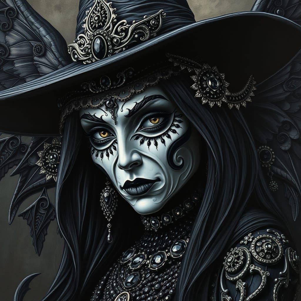 Cubist Dark Angel Witch Adorned with Onyx and Marcasite