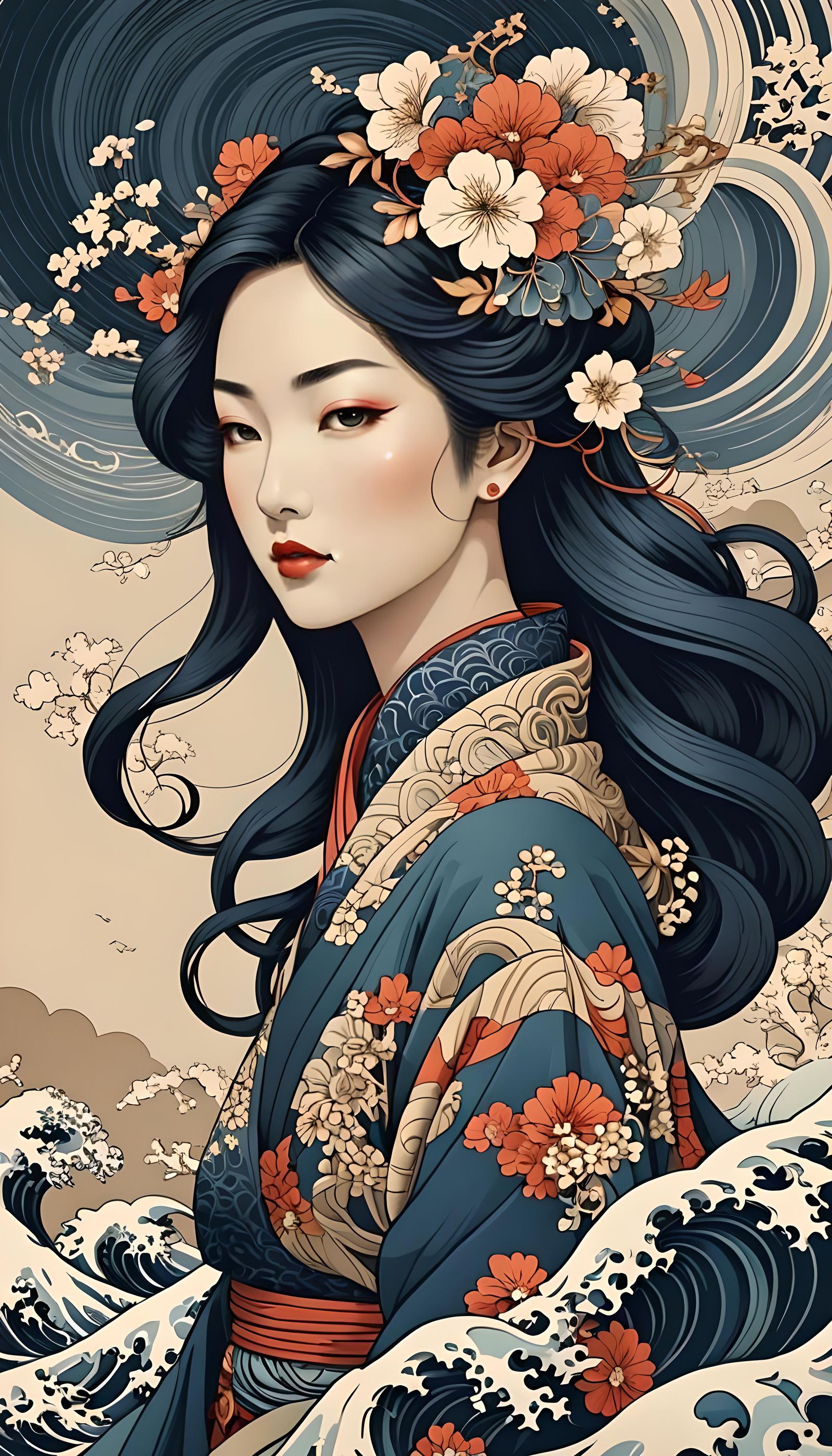 Ukiyo-e Woman United with Wind, Abstract Fractal Art