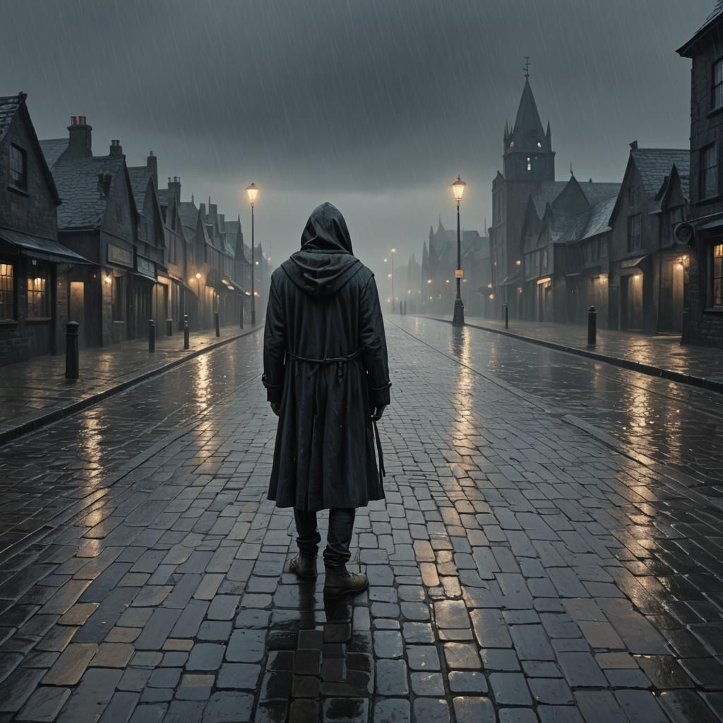 Dark Fantasy Figure on Desolate Quayside