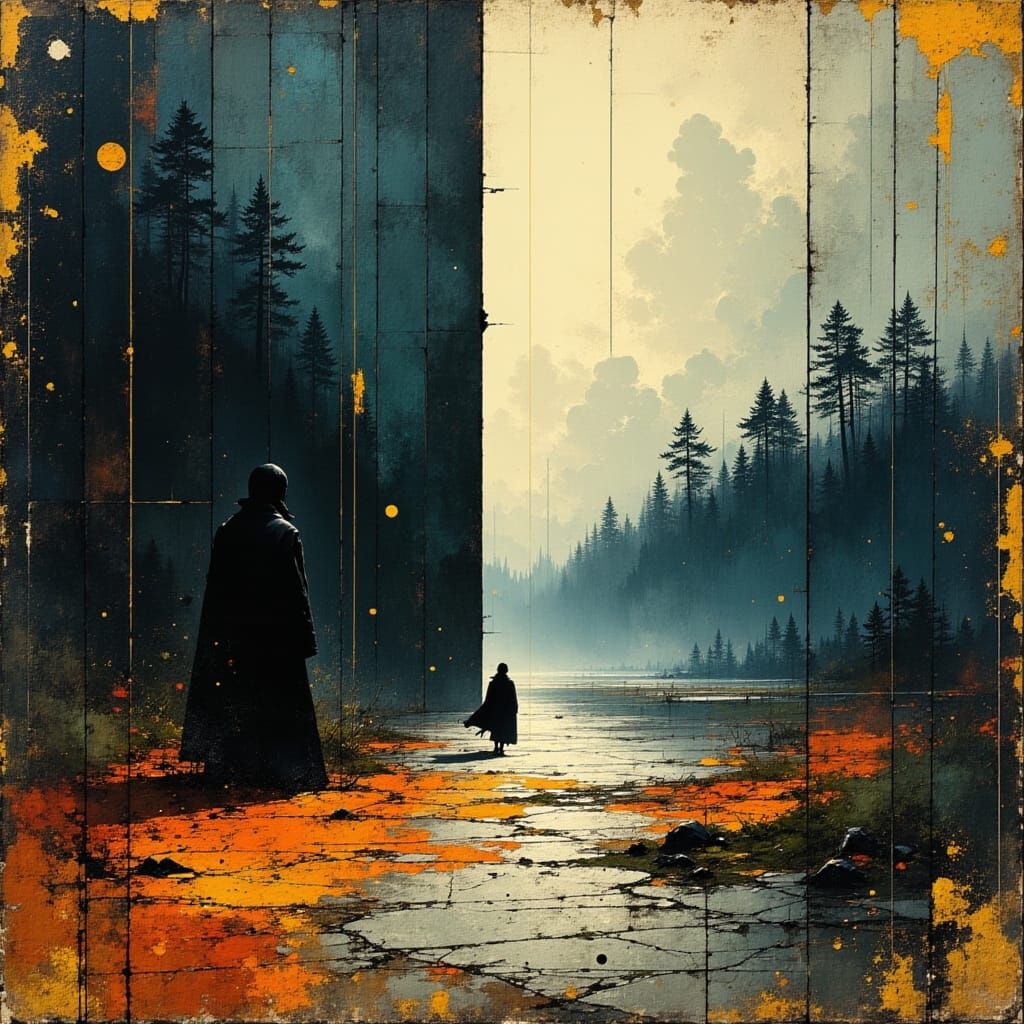 Surreal Landscape with Faded Edges and Vertical Light