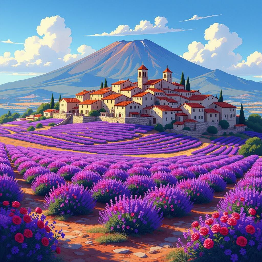 Lavender Fields Bloom on Volcano, Whimsical Dreamscape