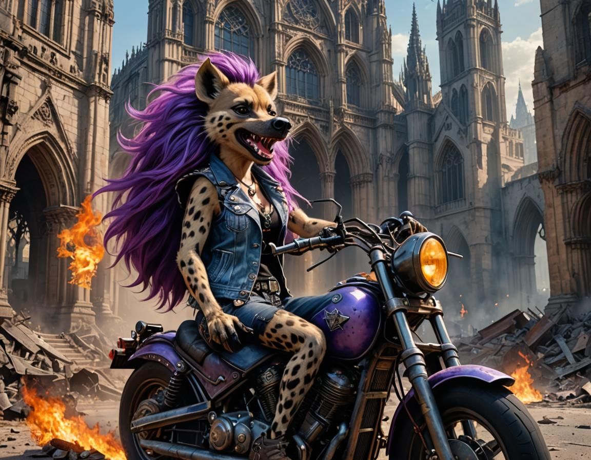 Hyena Rides Motorcycle Through Gothic Cathedral