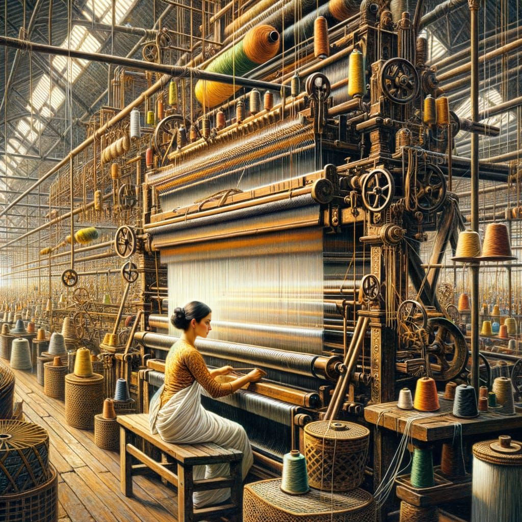 19th-Century Weaver in Textile Factory, Oil Painting
