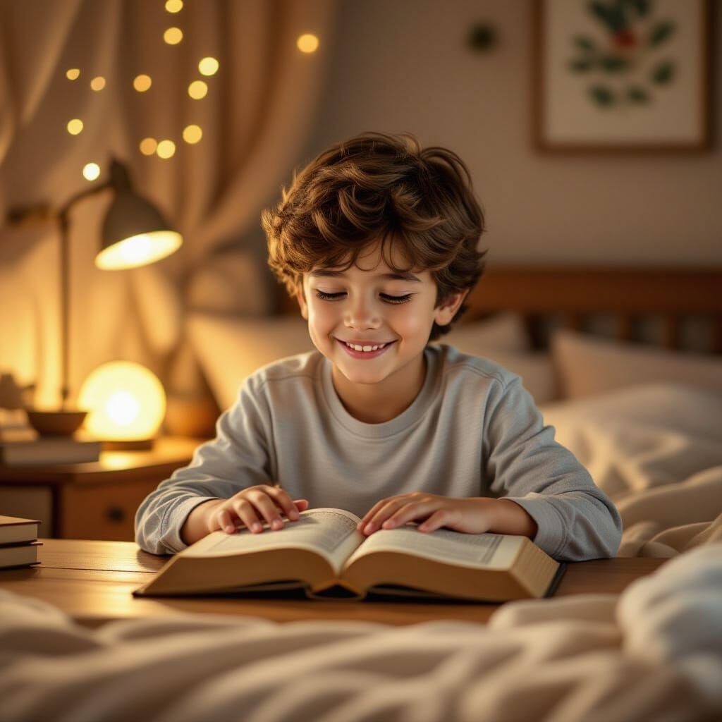 Boy Closing Quran in Cozy Bedroom Illustration