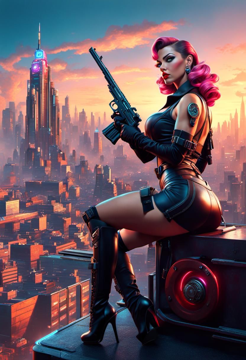 Cyberpunk Pinup Gun Advertisement in Neon Metropolis