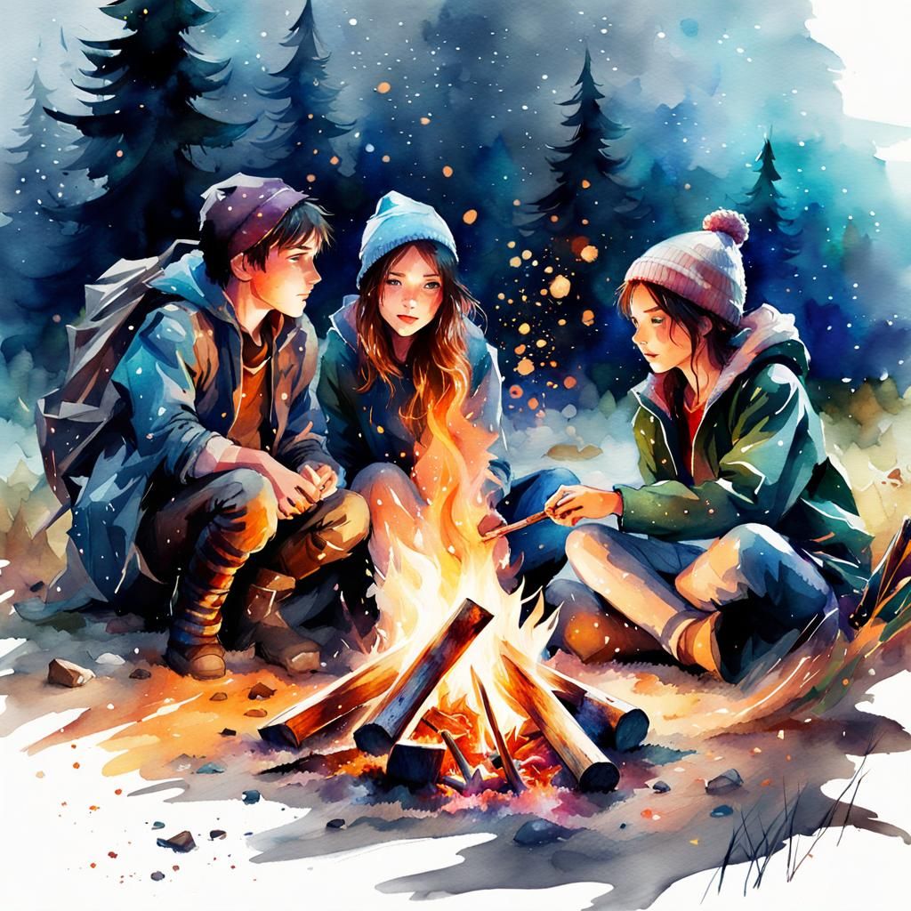 Magical Campfire Scene in Watercolor Splash Art