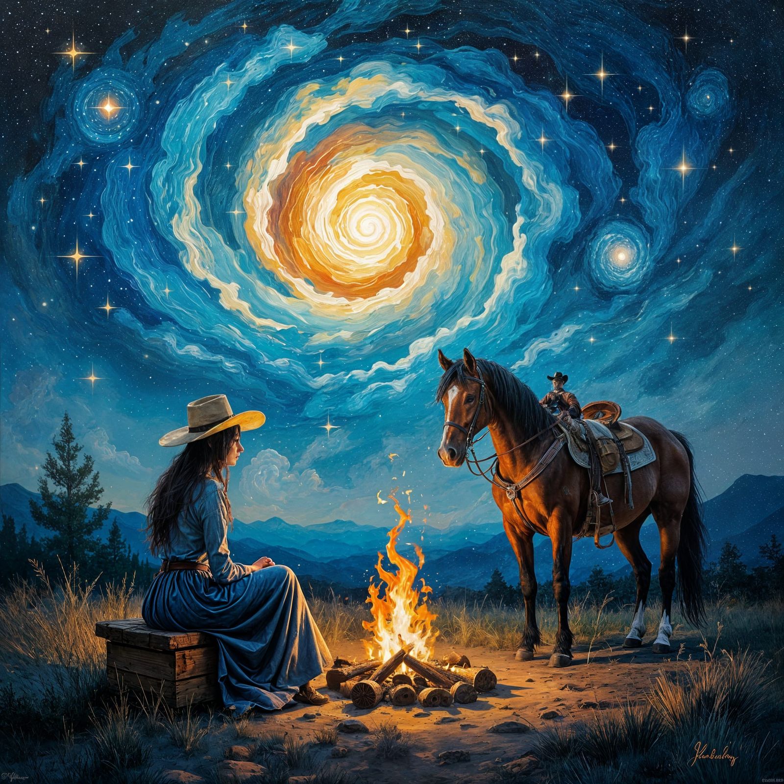 Cowgirl and Horse by Campfire Under Cosmic Sky