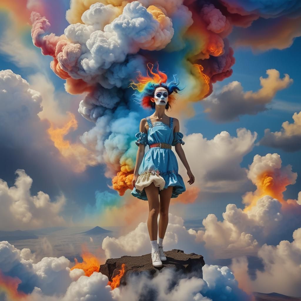 Rainbow Hair Floats on Blue Fire Clouds
