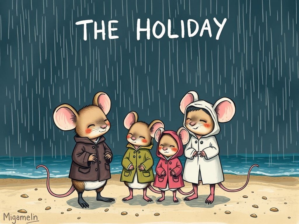 Sad Mouse Family Holiday in the Rain