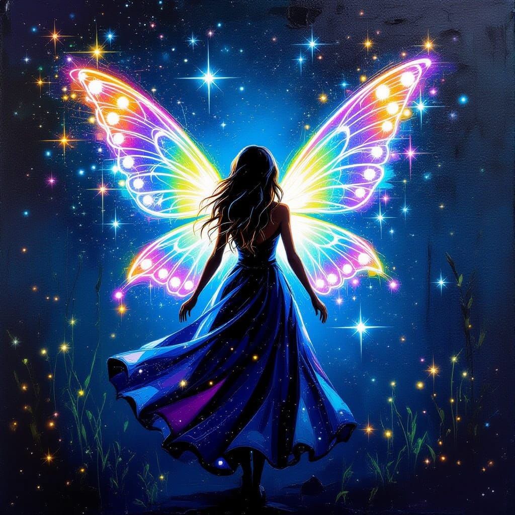 Illuminated Fairy at Night, Impasto Painting