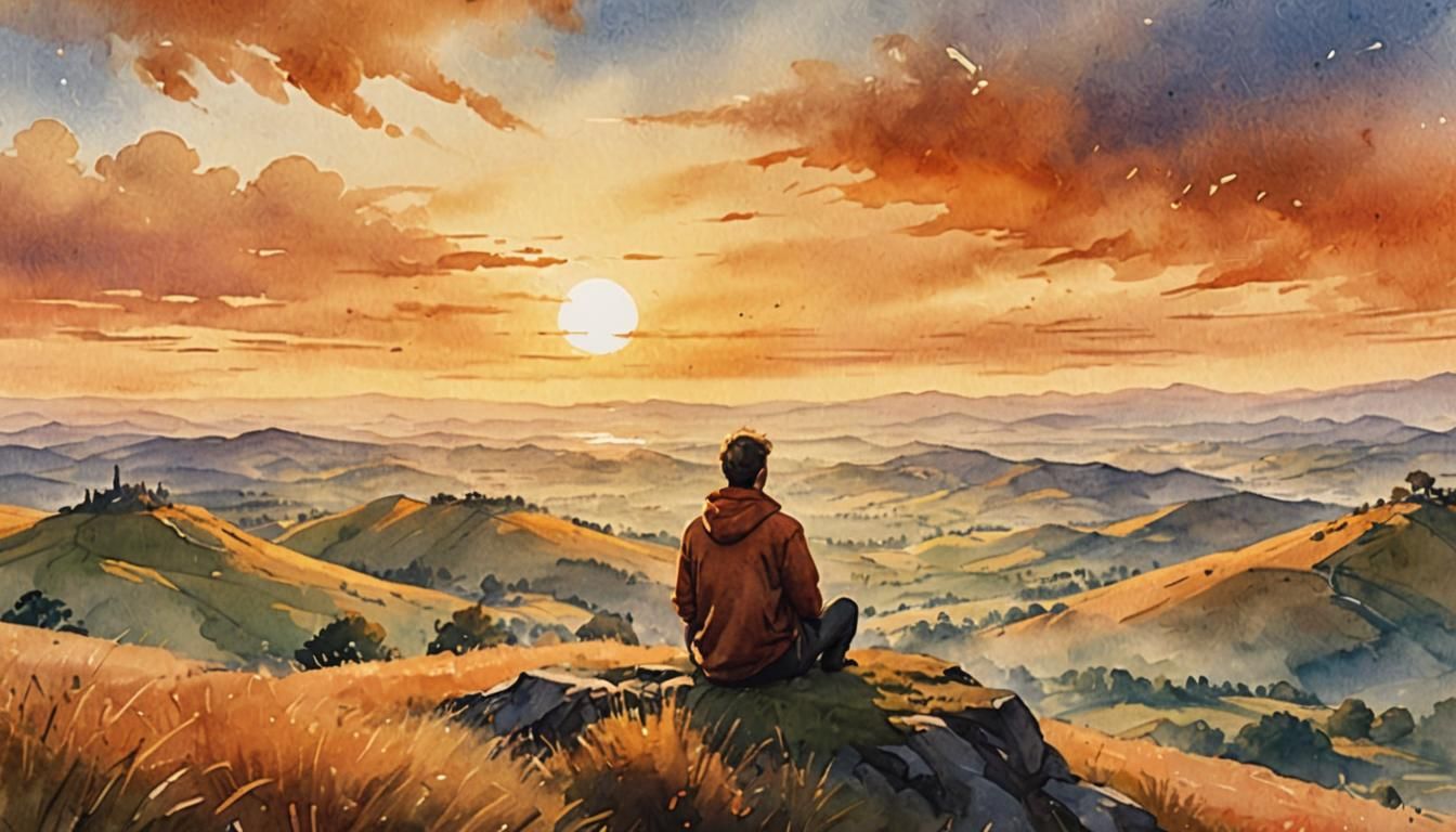 Man Contemplates Sunrise in Watercolor Concept Art