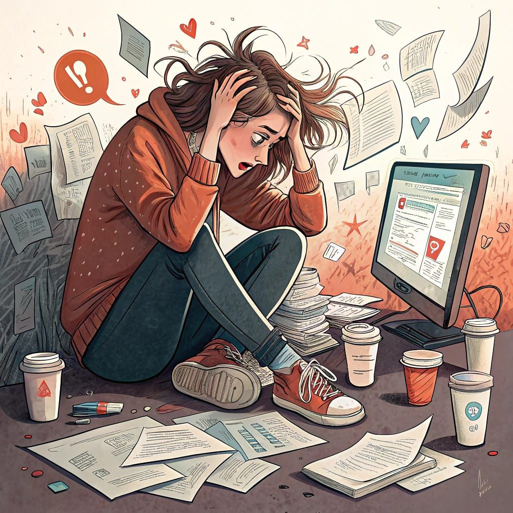 Frazzled Woman Overwhelmed by Digital Chaos