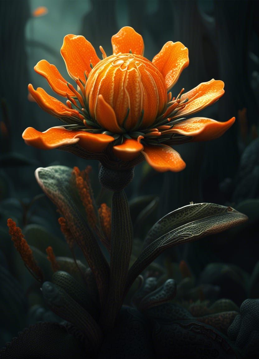 Prehistoric Orange Flower in Digital Matte Painting Style