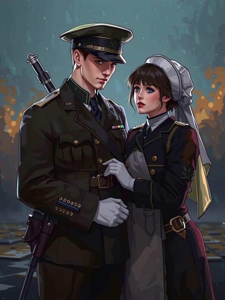 Passionate Embrace in War-Torn Landscape