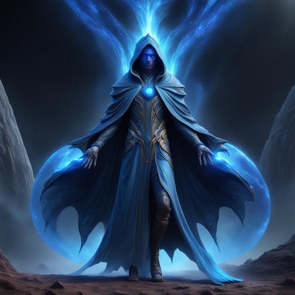 Blue Cosmic Entity with Galaxy Cloak