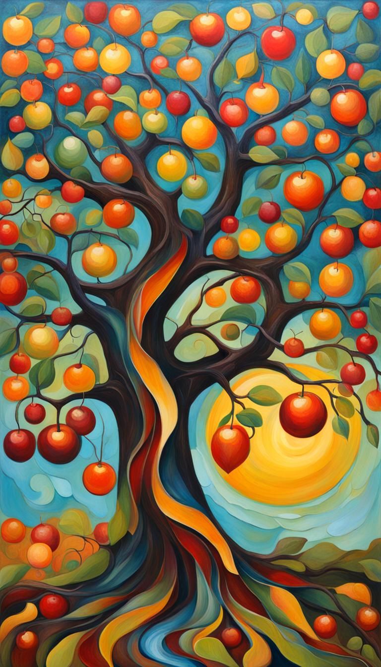 Abstract Fruit Tree with Roots Merging into Stream