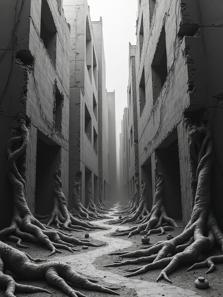 Surreal Dark Fantasy Landscape in Black and White