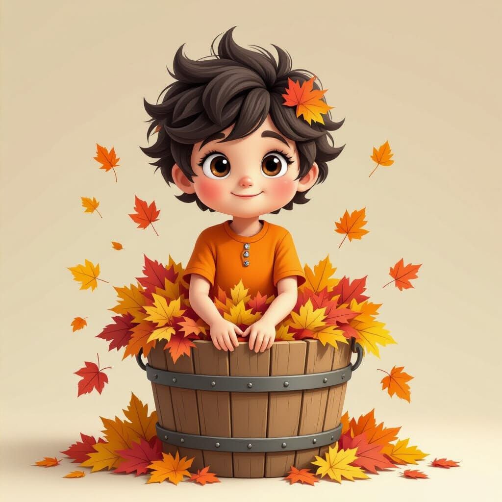 Whimsical Character in Autumn Leaves Bucket, Digital Art