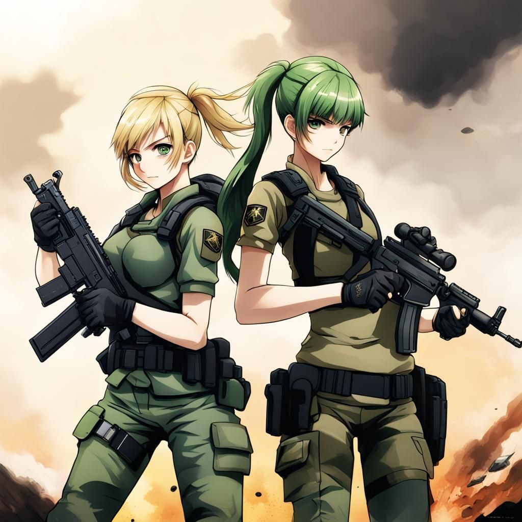 Anime Style: Blonde and Green-Haired Warriors in Combat
