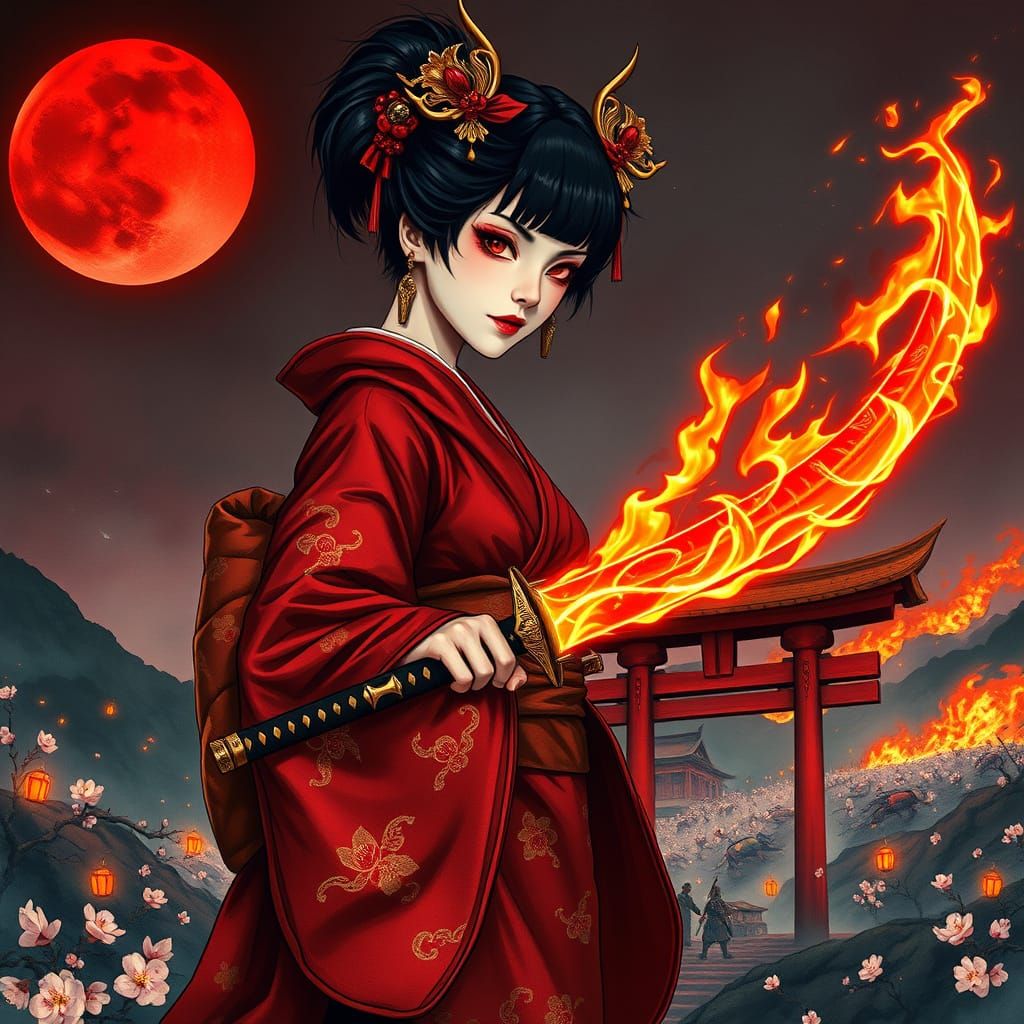Warrior Geisha Under the Crimson Moon