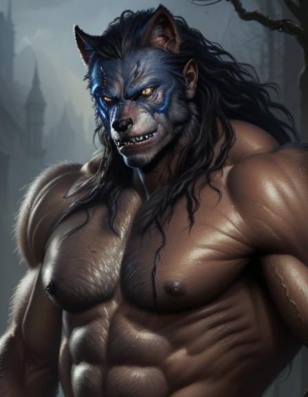Monster man, beautiful face and eyes, werewolf skin, werewol...