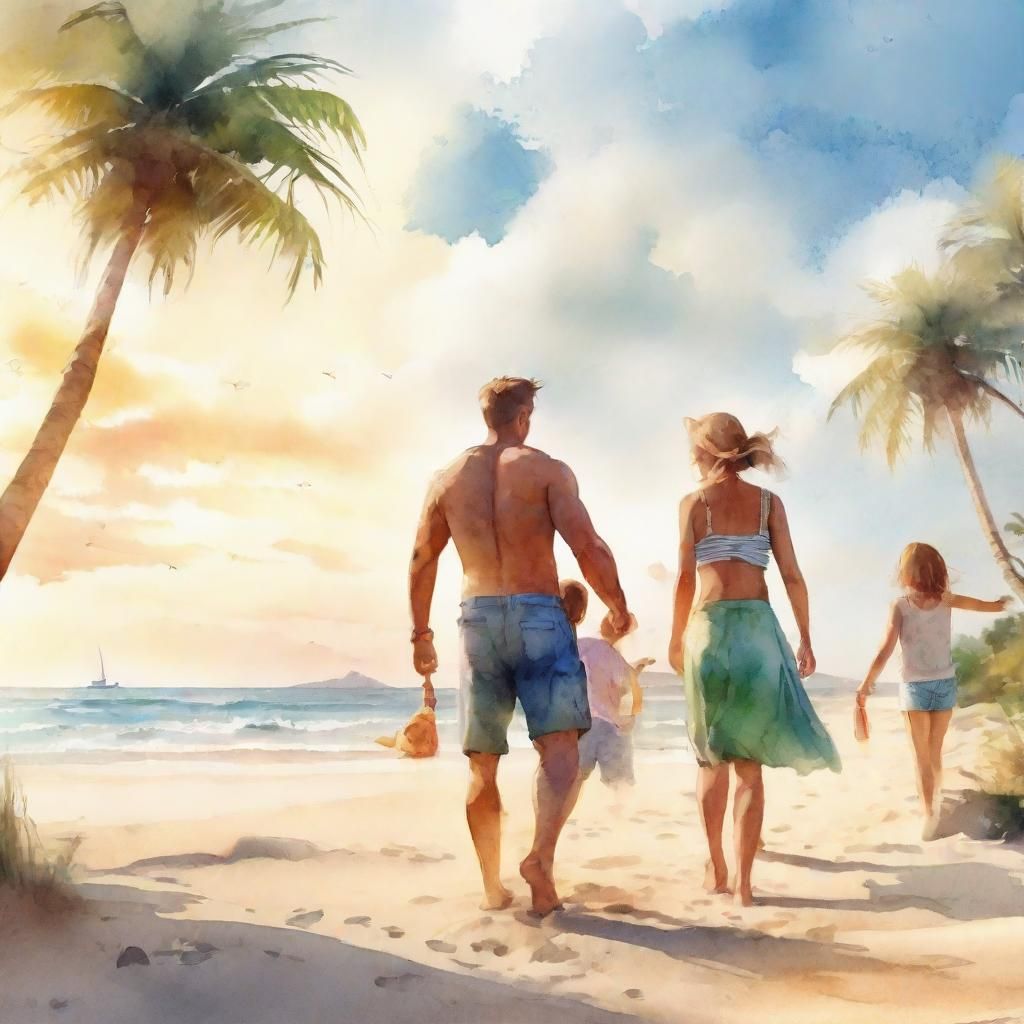 Surreal Beach Holiday Scene in Watercolor Style