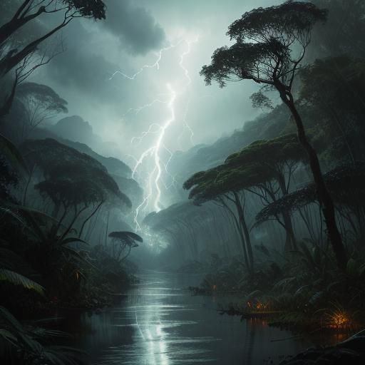 Rainforest in Lightning Storm in Fantasy Art Style