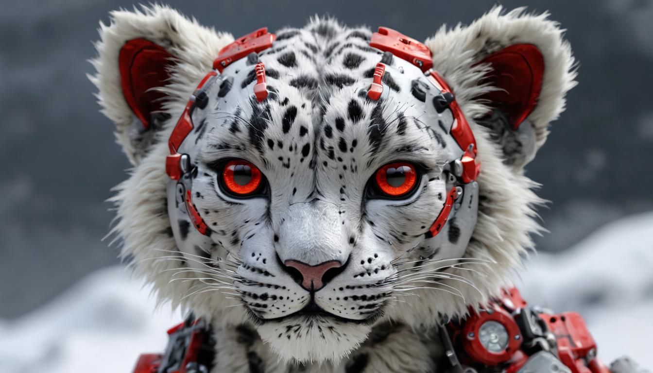 Snow Leopard Cyborg with Volcano Background