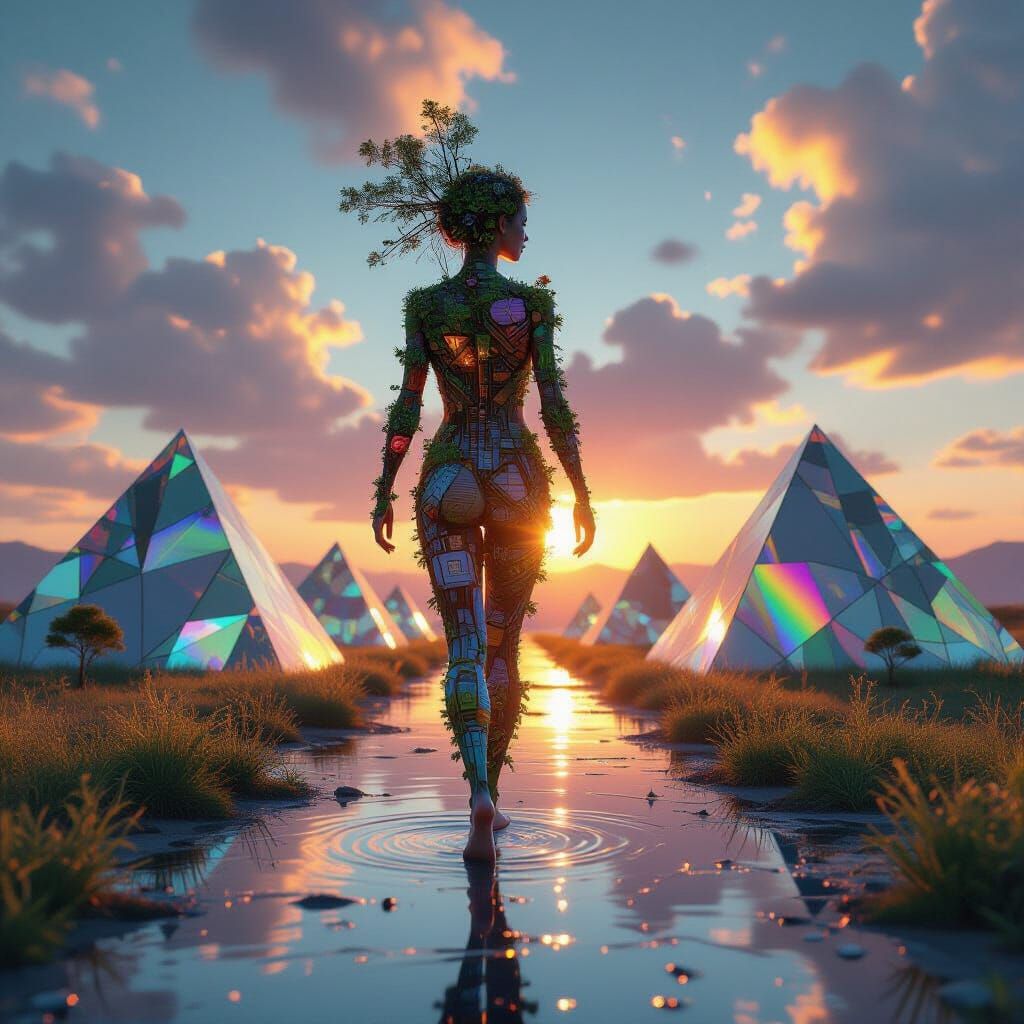 Surreal Woman of Tools and Plants on Prism Landscape