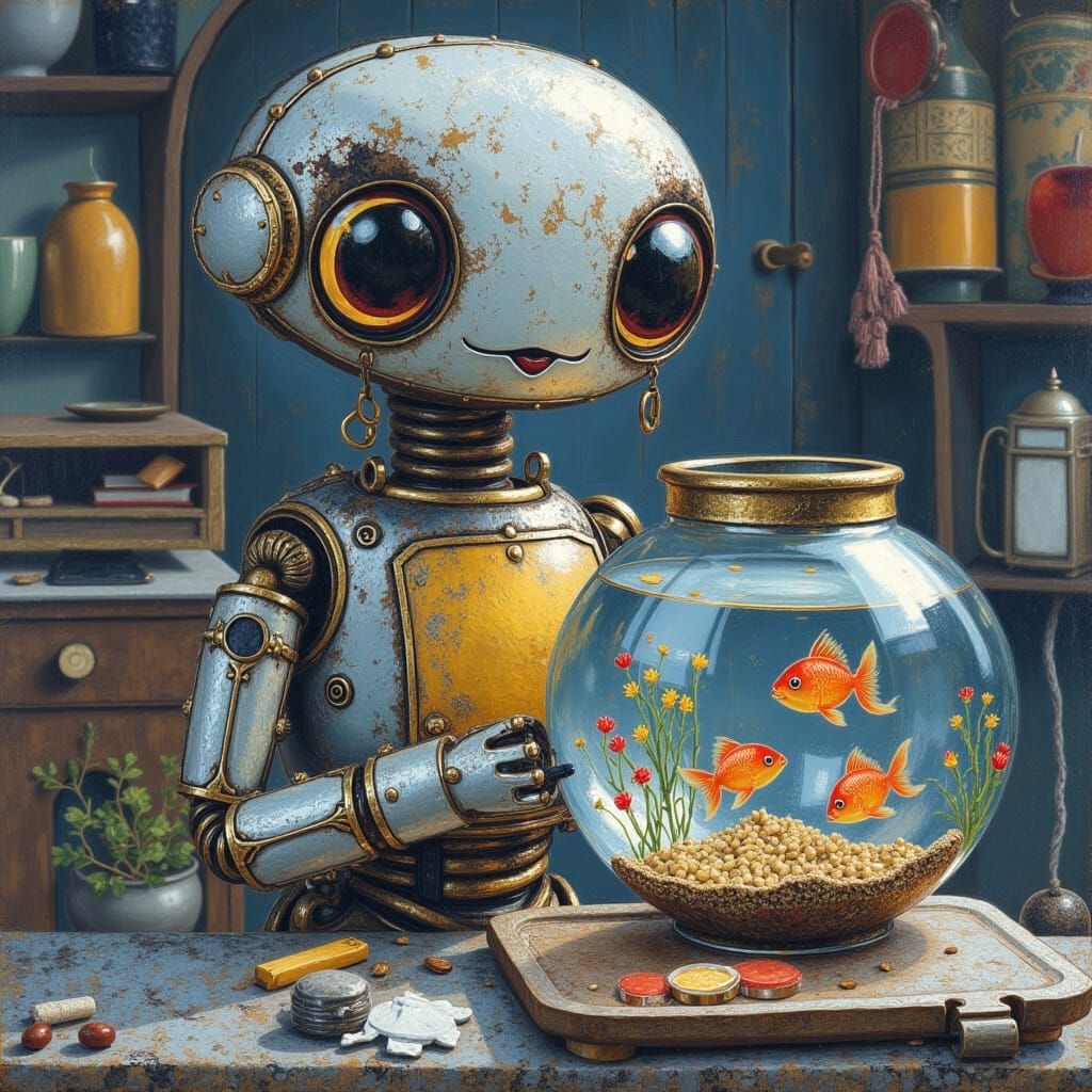 Cute Robot Holding a Fishbowl