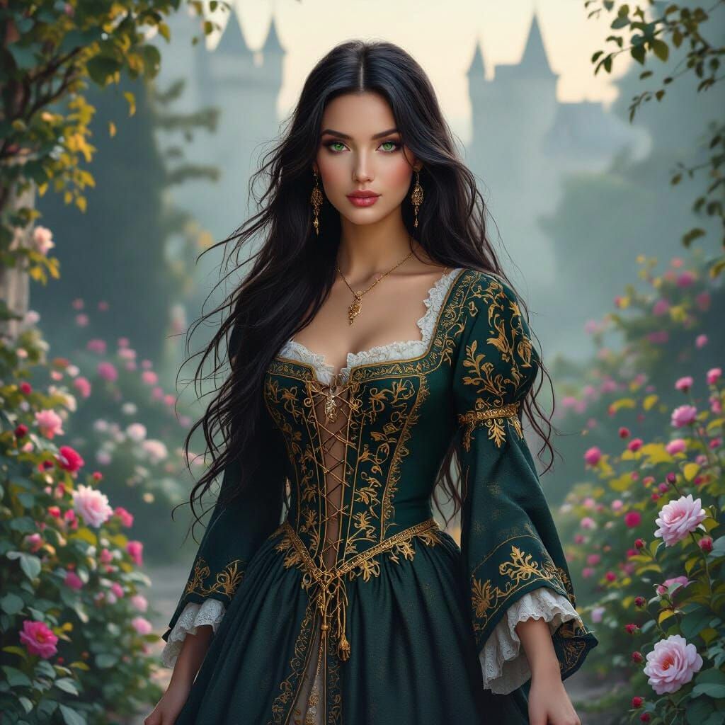 Woman in Medieval Dress in Misty Garden