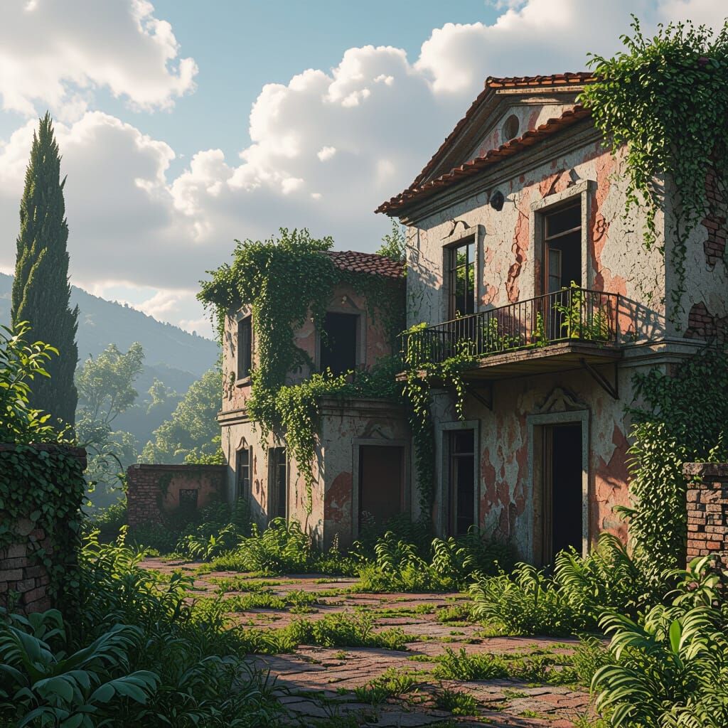Italian Landscape with Surreal, Overgrown Architecture