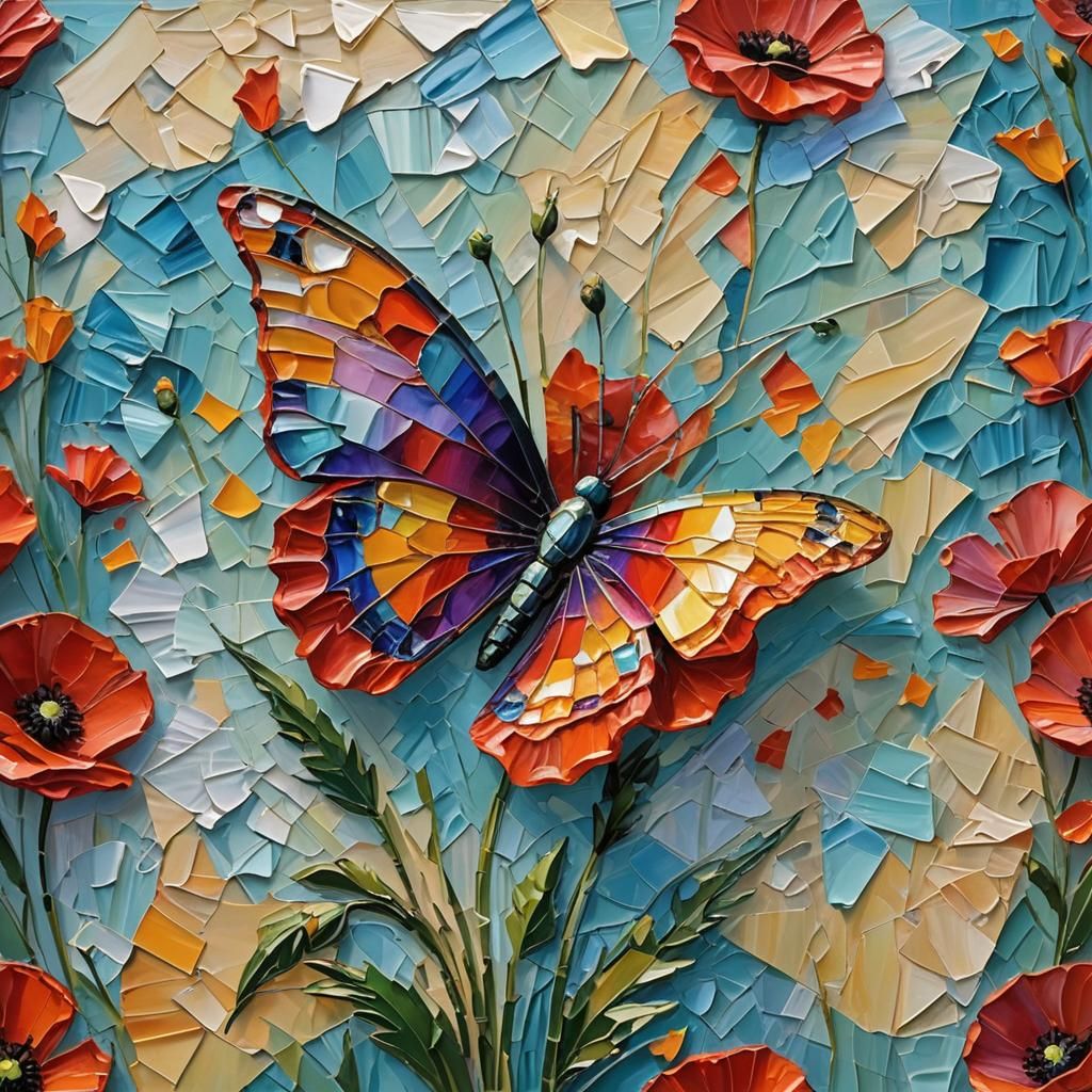 Iridescent Butterfly on Poppy, Impasto Oil Painting