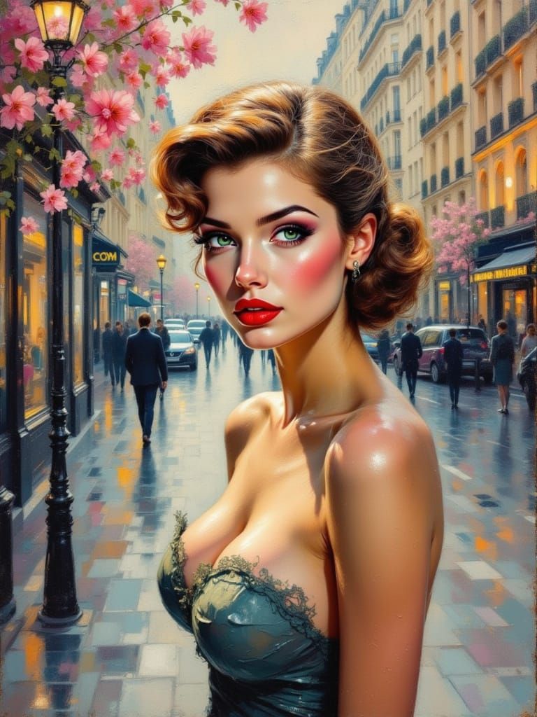 Parisian Street Scene with Pin-Up in Encrustique Style