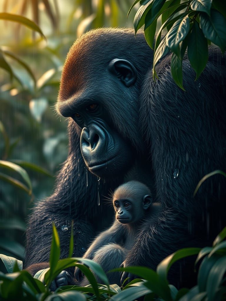Hyperrealist Gorilla in Congo Jungle Downpour