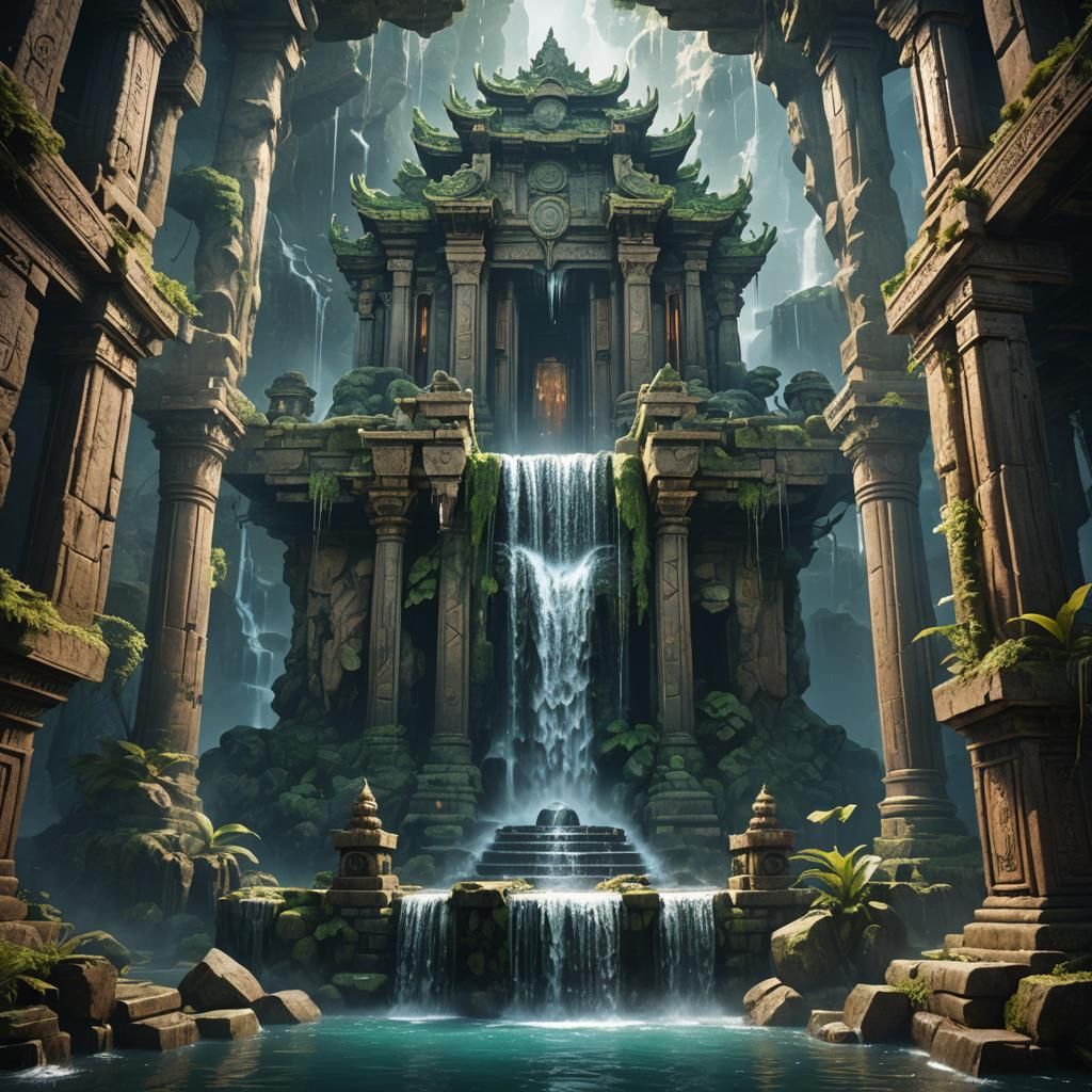 Fantastical Waterfall Temple Concept Art in 8k