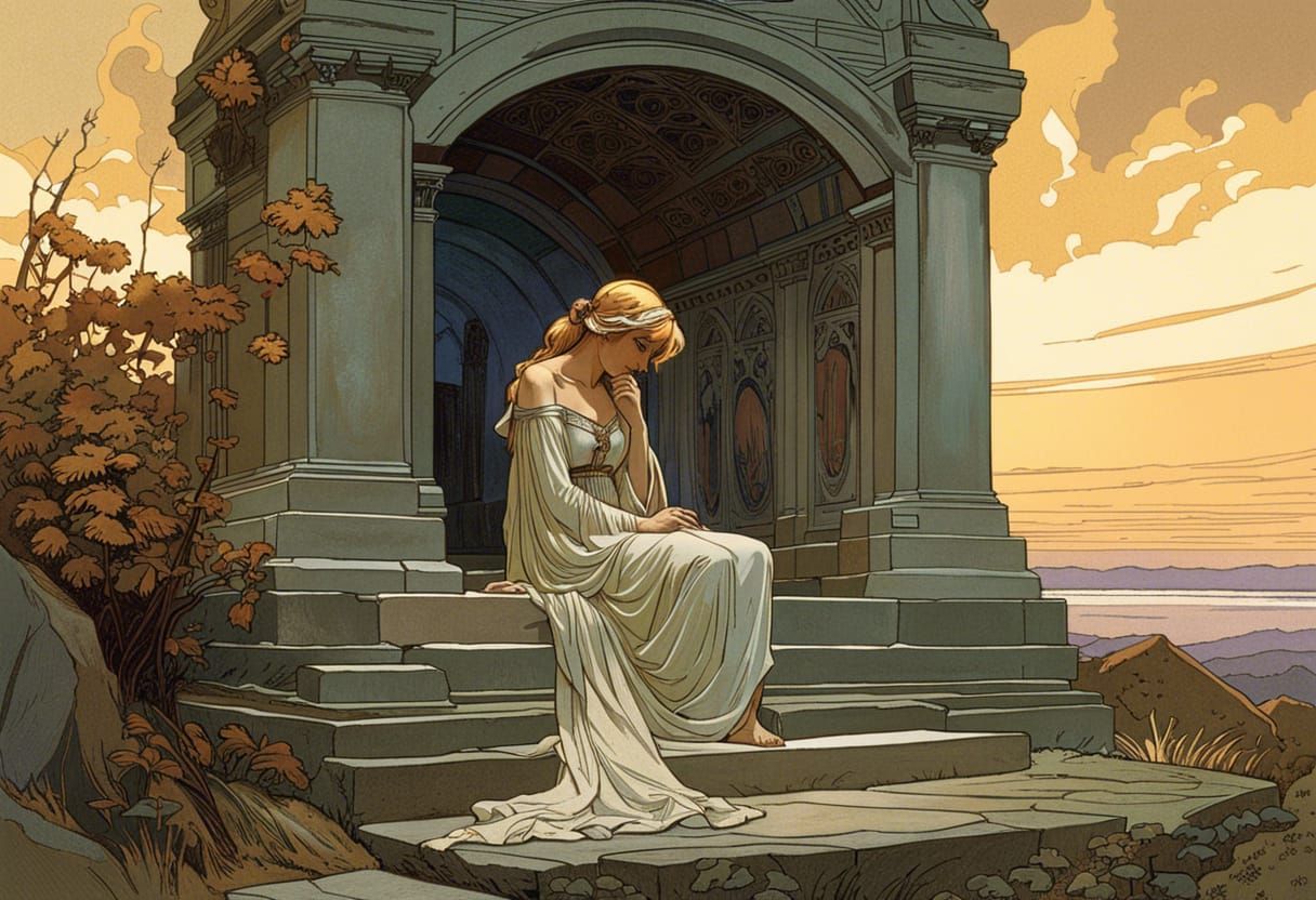 Grieving Figure by Stone Tomb in Art Nouveau Style