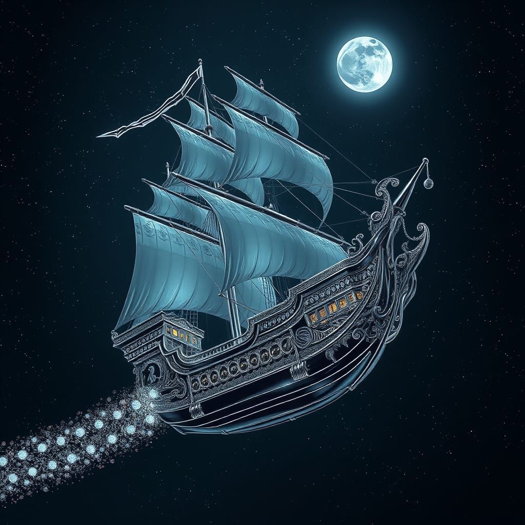 A large beautifully intricate chrome filagree pirate ship fl...