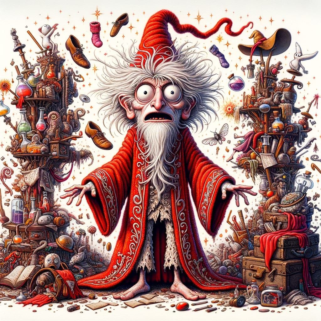 Eccentric Wizard and Mischievous Trunk in Storybook Style