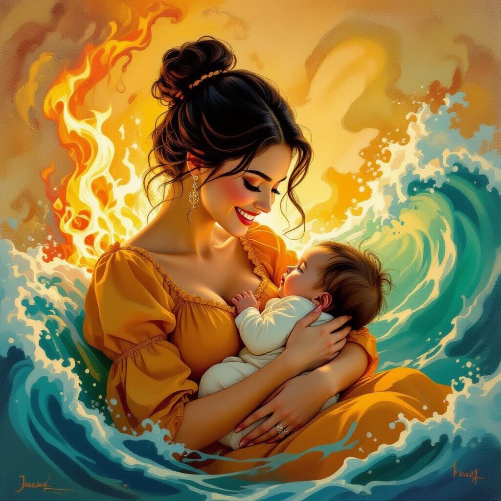 Dreamlike Mother and Child in Surrealist Style