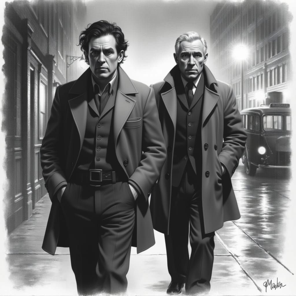 1930s Noir Detectives Walk Down Wet City Streets